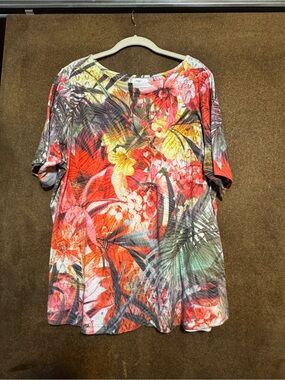 CJ Banks Tropical Floral Scoop Neck Top - Red Multi